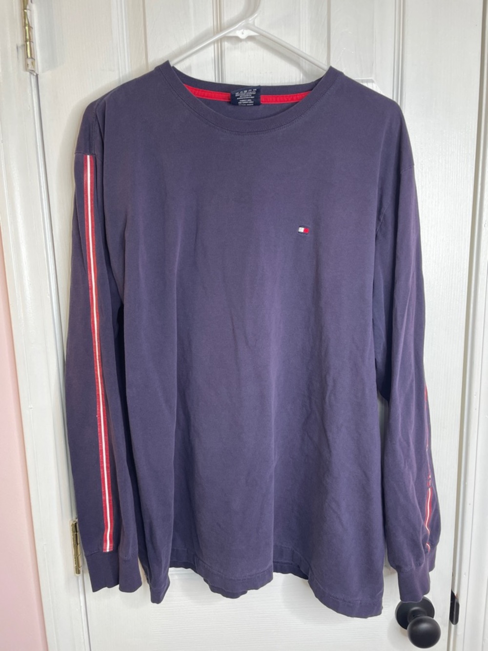 Tommy Hilfiger Navy Long Sleeve Shirt with Red Stripe Sleeves
